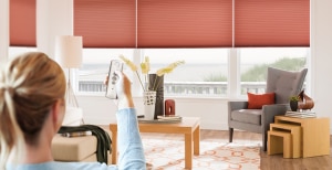 Living room with large window covered by pink cellular shades, woman operating remote control