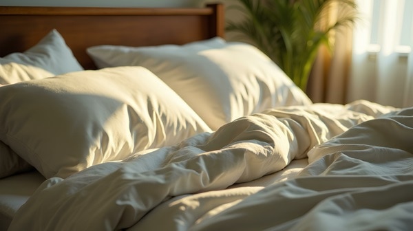 a pair of tussled pillows on a bed as sunlight spreads across the room