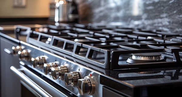 Close up of the controls on a stainless gas range oven