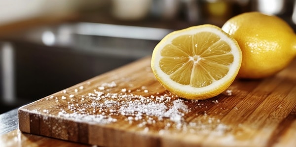 Freshly sliced lemons on a wooden cutting board, often used for natural cleaning and disinfecting in the household. The vibrant citrus is a popular choice for eco-friendly kitchen maintenance