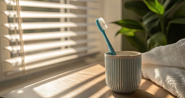 A blue toothbrush in a ceramic cup on a bathroom counter with natural sunlight streaming in