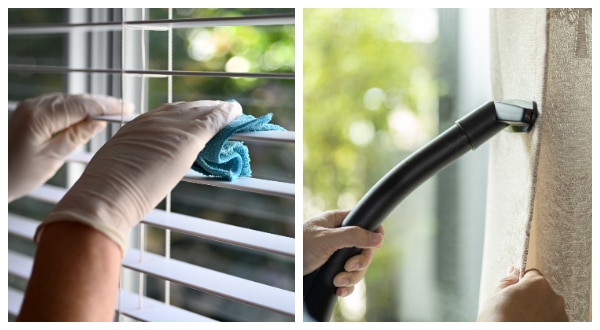 busy hands, cleaning window treatments using a cloth rag to clean the slats and a vacuum duster to clean the shades