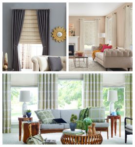 Multiple layered window treatments including curtains, drapes, and shades in various rooms