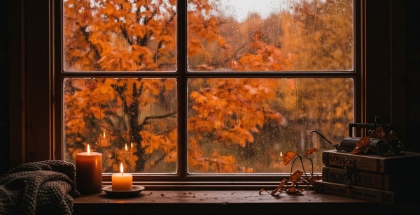 Autumn leaves seen through a window, with warm orange colors Autumn leaves seen through a window, with warm orange colors