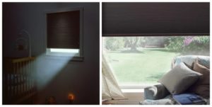 Black blackout cellular shade in dark room left, blackout roller shade partially lowered in bright living room right
