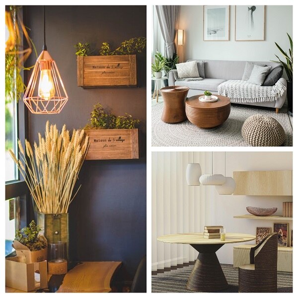 A collage of beautiful rooms with organic and natural elements