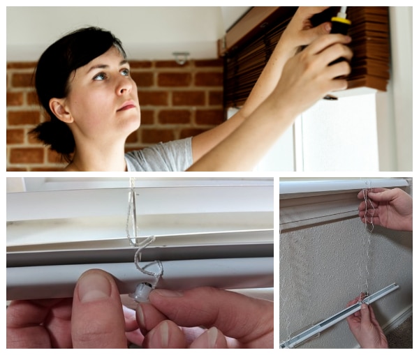 A collage of a woman removing her horizontal blinds from a headrail and a preview of what it looks like to shorten your wood, faux wood, or mini blinds