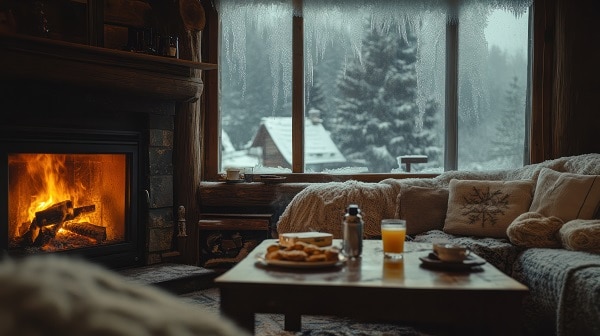 A rustic living room in winter, featuring a fireplace and a table with hot drinks and snacks by a frosted window, creating a warm atmosphere