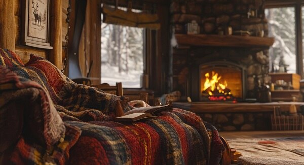 a cozy holiday living room scene, complete with a roaring fire and layered window coverings a cozy holiday living room scene, complete with a roaring fire and layered window coverings