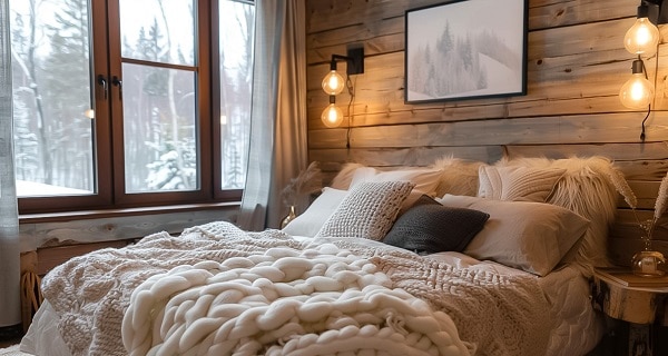 A cozy hygge living room with a bed covered with warm, knitted blankets to watch the snow fall outside with the comfort of being inside
