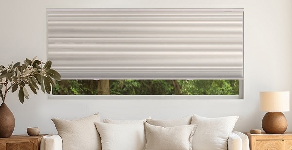 Energy-saving cellular shades in a modern home window.
