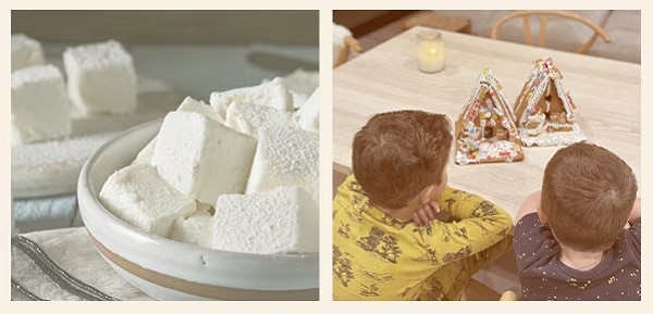 cups of hot cocoa overflowing with marshmallow and children building gingerbread houses