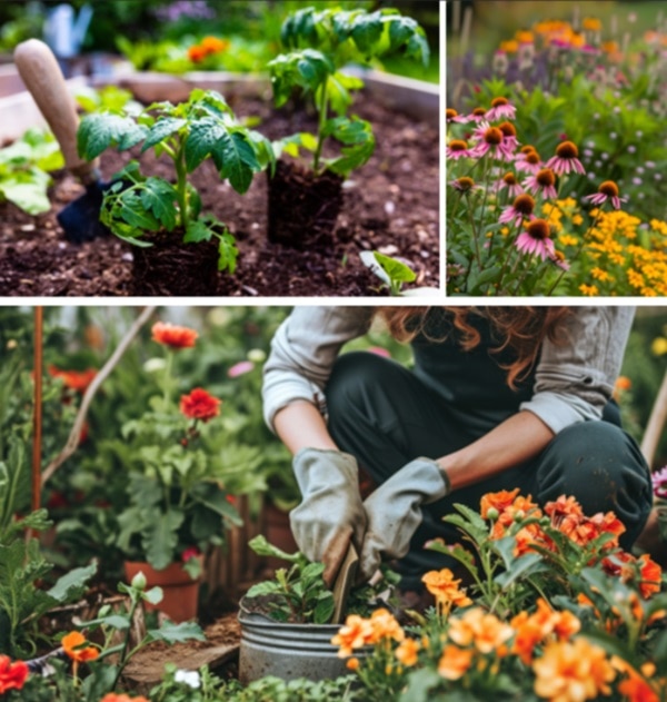 a collage of garden photos, each showcasing a variety of thriving florals and green